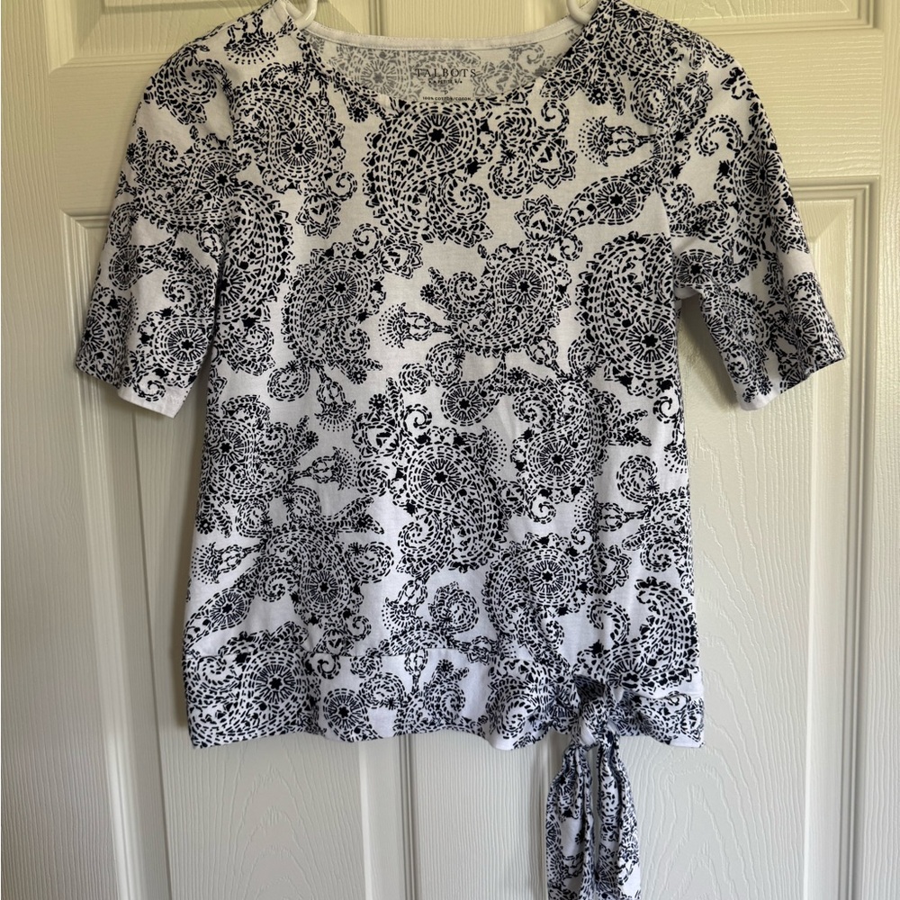 Talbots Black and White Tie Front Blouse